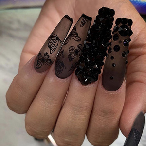 Gothic Black Long Ballerina False Nails with Design Butterfly Coffin False Nail Tips Press On Nails Rhinestone Manicure Patches