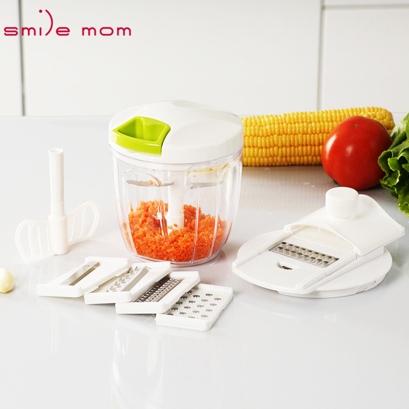 Smile mom 2 in 1 Plastic Kitchen 900ml Hand Mixing Egg Vegetable Garlic Swift Pull Food Chopper With 5 Blades Pulling Chopper