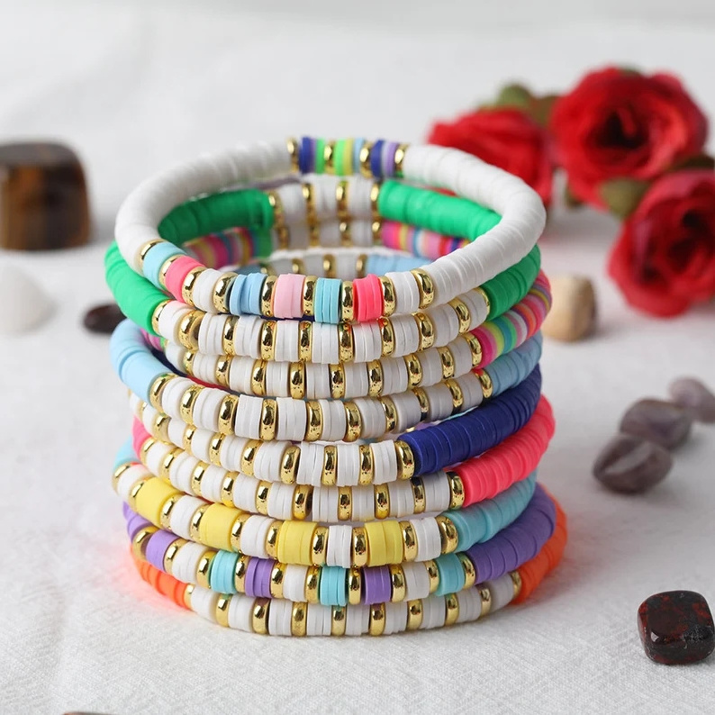 2024 Multicolor Polymer Clay Letter Bracelet Custom Handmade Bohemian Elastic Friendship Bracelets Beaded Jewelry