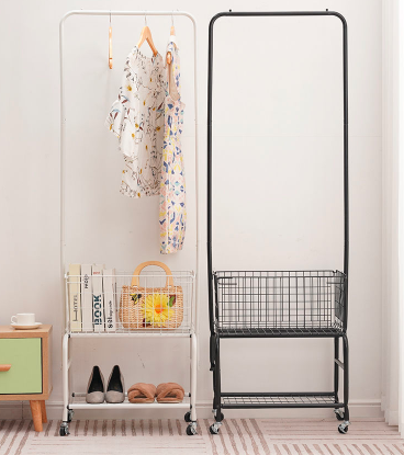 Retail Clothing Rails Display Racks Simple Garment  Clothing Rolling Racks With Mesh Storage Basket Shelf And 4  Wheels