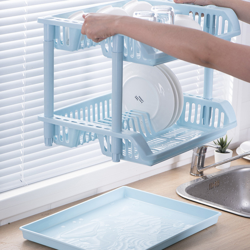 Good Quality Kitchen Plastic 2 Tier Dish Drying Rack Drainer Folding Standing Table Top Kitchenware Storage Shelf