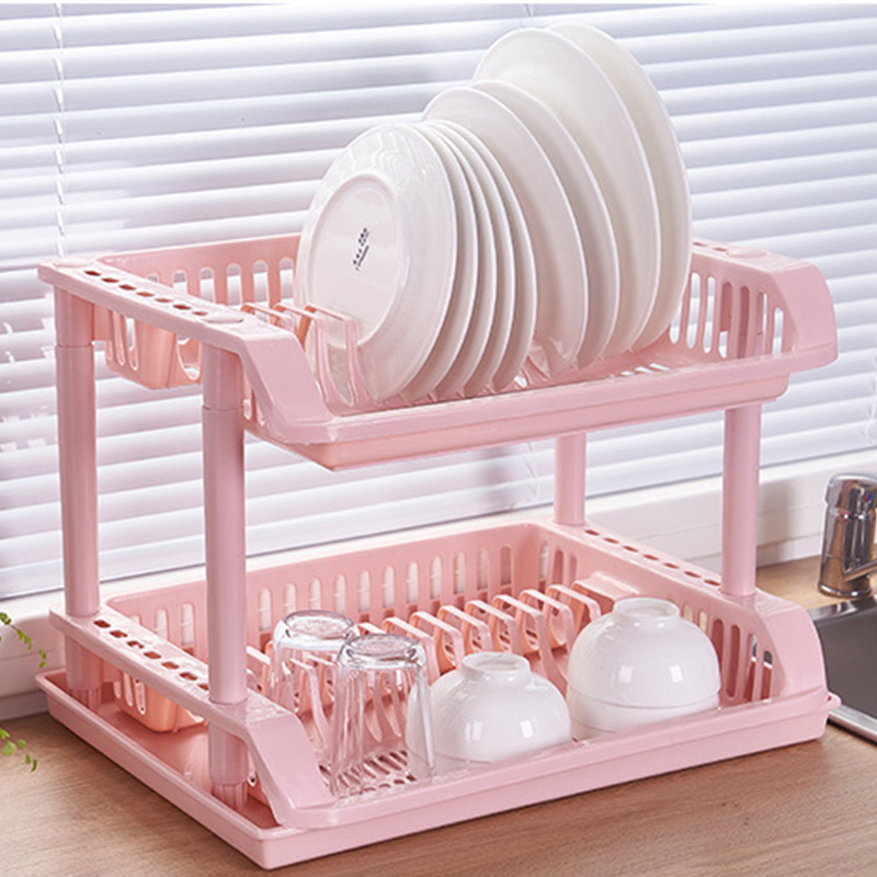 Good Quality Kitchen Plastic 2 Tier Dish Drying Rack Drainer Folding Standing Table Top Kitchenware Storage Shelf