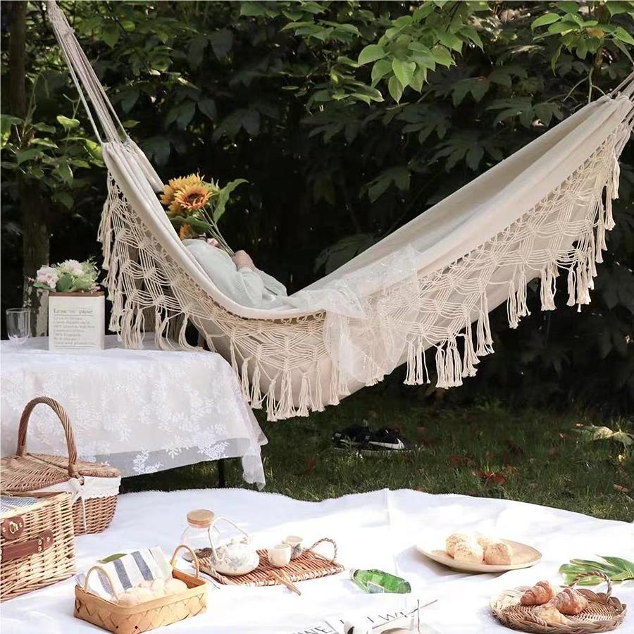 Ins Tassel Hammock Outdoor Camping Travel Equipment Leisure Canvas Indoor Double Single Hammock Tassel Hammock Chair