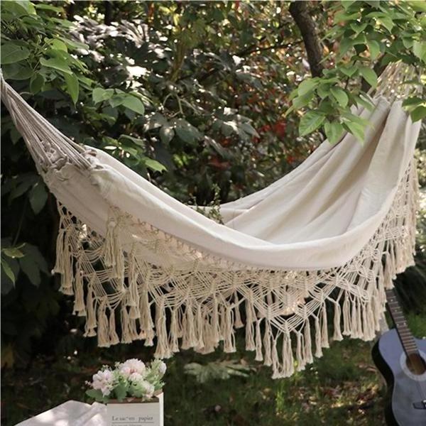 2024 Hot Selling Macrame Fringe Hammock Boho Balcony Hammock Handmade Tassels Hammock for Home Outdoor Backyard