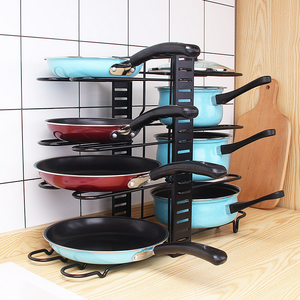 Kitchen Tool Storage Shelf Height Adjustable Pot Lid Holder Multi-layer Pot and Pan Organizer Rack 1 or 2 Sides Black Metal Iron