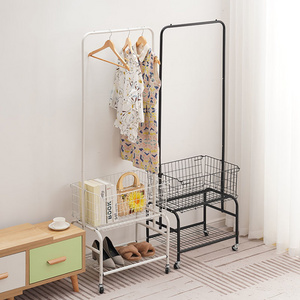 Retail Clothing Rails Display Racks Simple Garment  Clothing Rolling Racks With Mesh Storage Basket Shelf And 4  Wheels