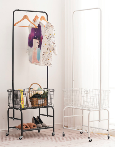 Retail Clothing Rails Display Racks Simple Garment  Clothing Rolling Racks With Mesh Storage Basket Shelf And 4  Wheels