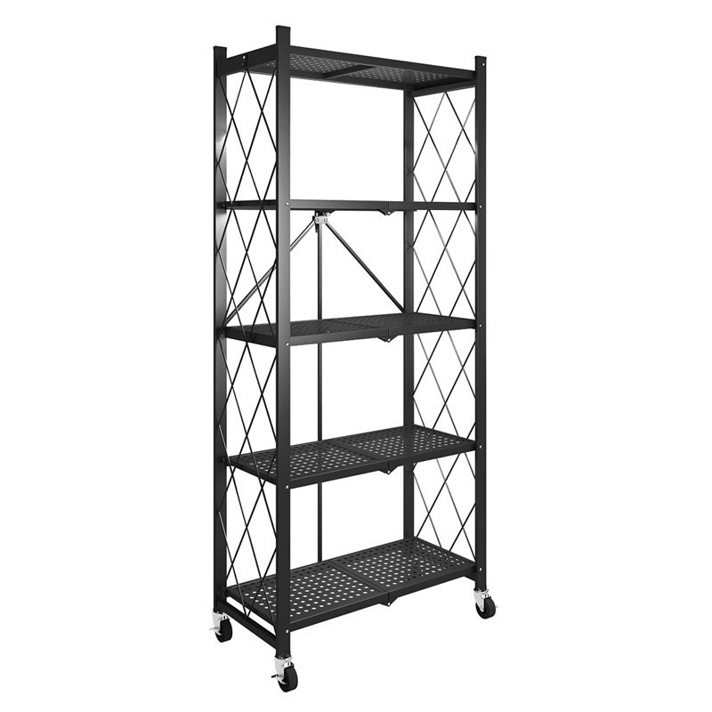 3 Layer Non Assembly Metal Kitchen Cabinet Pantry Unit Folding Shelf Unit for Kitchen Storage Shelves with Wheels