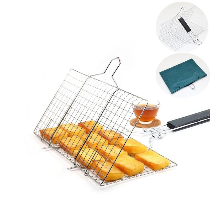 Outdoor Foldable  Square Basket Grilling Nets With Removable Handle Practical Wire Fish BBQ Basket