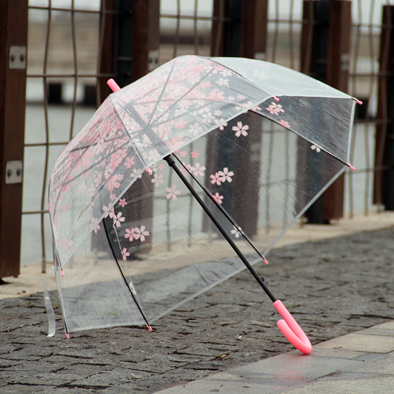 Korean Style Pink Cherry Blossom Flowers Transparent Umbrella Long Handle Bubble Clear Kids Umbrella for Girls and Women