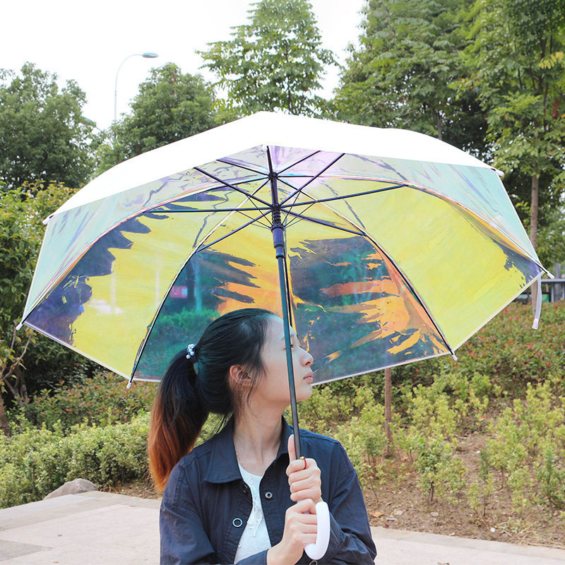 New Thickened Poe Transparent Colorful Umbrella With Long Handle Creative And Personalized Rainbow Laser Umbrella For Rain