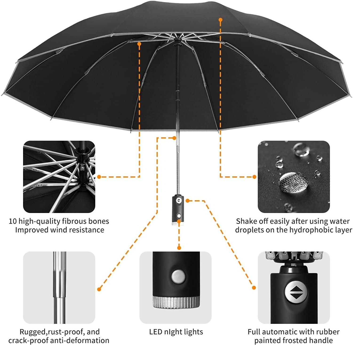 Portable Storm and Anti-UV Fully Automatic Umbrella With LED Flashlight Reflective Stripe Reverse Large Umbrellas For Rain