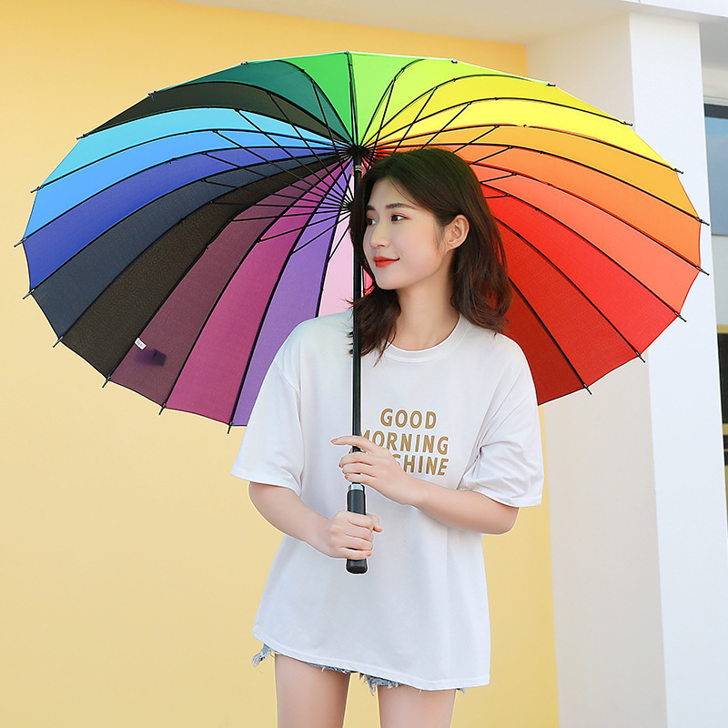 Factory Custom Logo 24 Ribs Large Umbrella Rainbow Color Long Handle Straight Umbrella for Rain