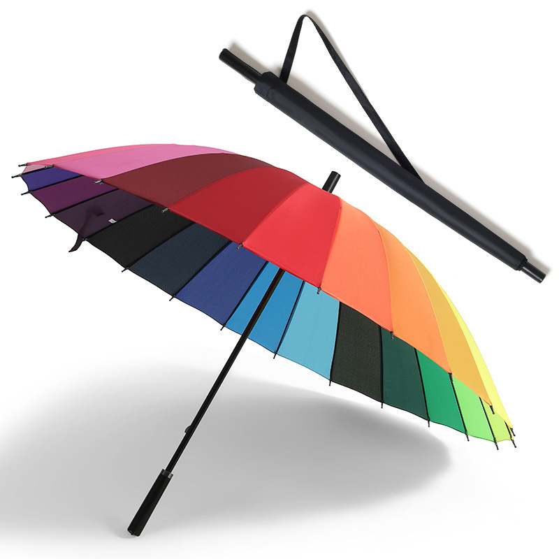 Factory Custom Logo 24 Ribs Large Umbrella Rainbow Color Long Handle Straight Umbrella for Rain