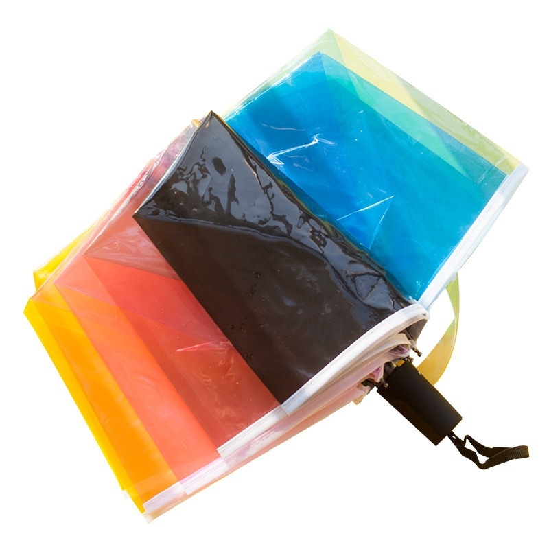 Korean Style Women Rainbow Transparent Umbrella Fully Automatic Three Fold Girls Gift Clear Rain Umbrella