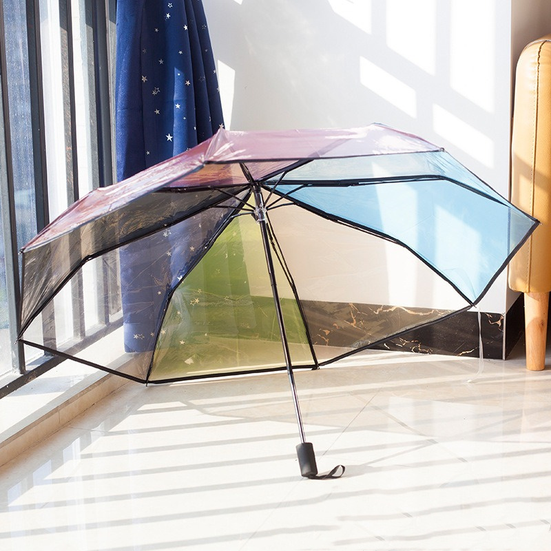 Korean Style Women Rainbow Transparent Umbrella Fully Automatic Three Fold Girls Gift Clear Rain Umbrella