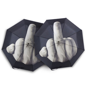 Unique Creative Lightweight Black Compact Portable 3 Folding Automatic Rain Middle Finger Umbrella