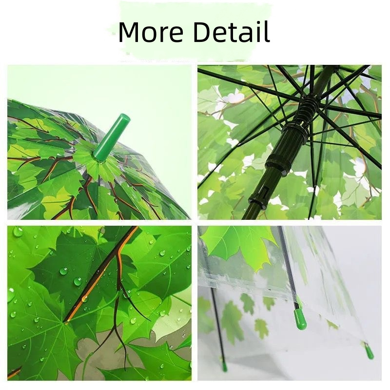 Maple Leaf Transparent Umbrella Rain Day Use Straight Rod Green Leaf Summer Small Fresh Leaf Long Handle Arched Umbrella