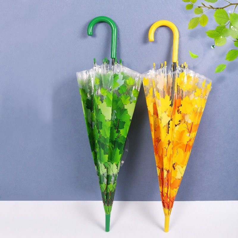 Maple Leaf Transparent Umbrella Rain Day Use Straight Rod Green Leaf Summer Small Fresh Leaf Long Handle Arched Umbrella