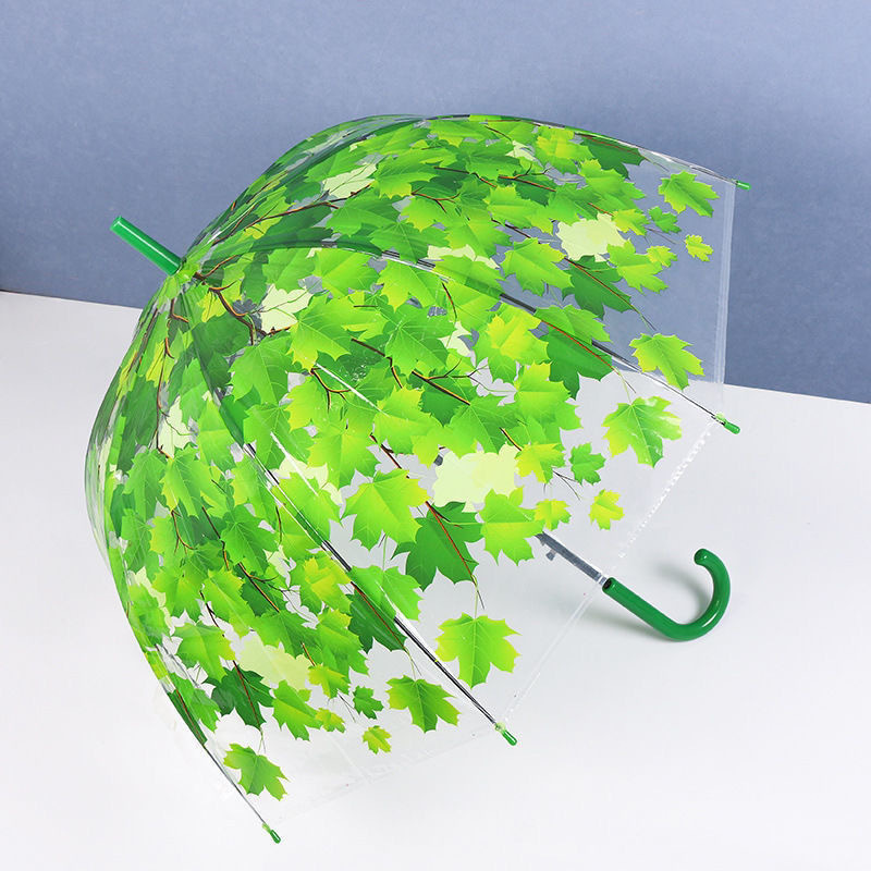 Maple Leaf Transparent Umbrella Rain Day Use Straight Rod Green Leaf Summer Small Fresh Leaf Long Handle Arched Umbrella