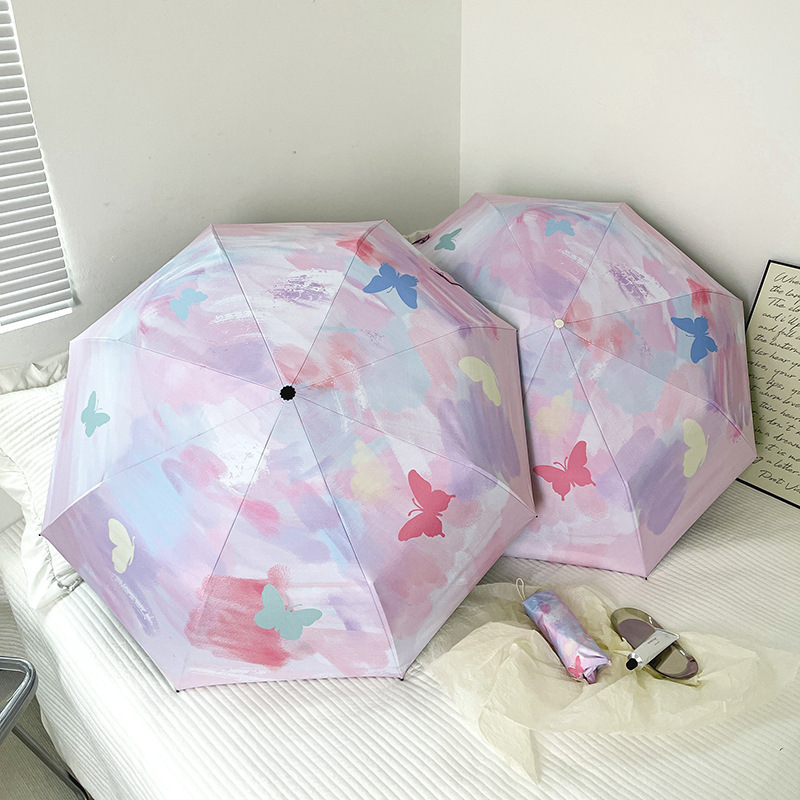 Lightweight Compact Umbrellas for Rain & Sun Travel Beautiful Butterfly Design Girls Valentines Gift 8 Ribs Folding Umbrella