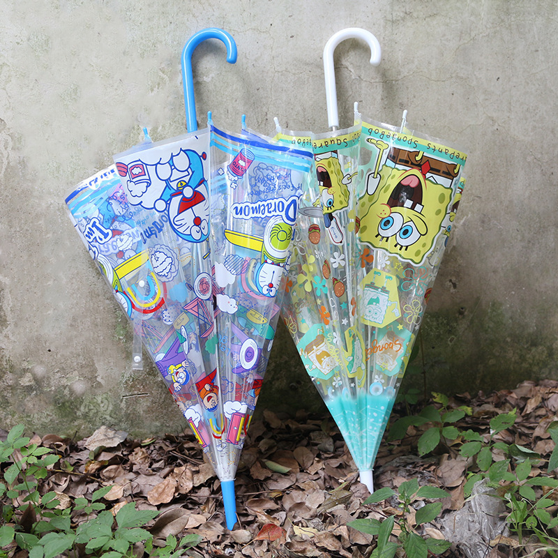 Clear Cute Cartoon Pattern Print Dog Cat Children's Safe Automatic Long Handled Transparent Umbrella for Boys Girls