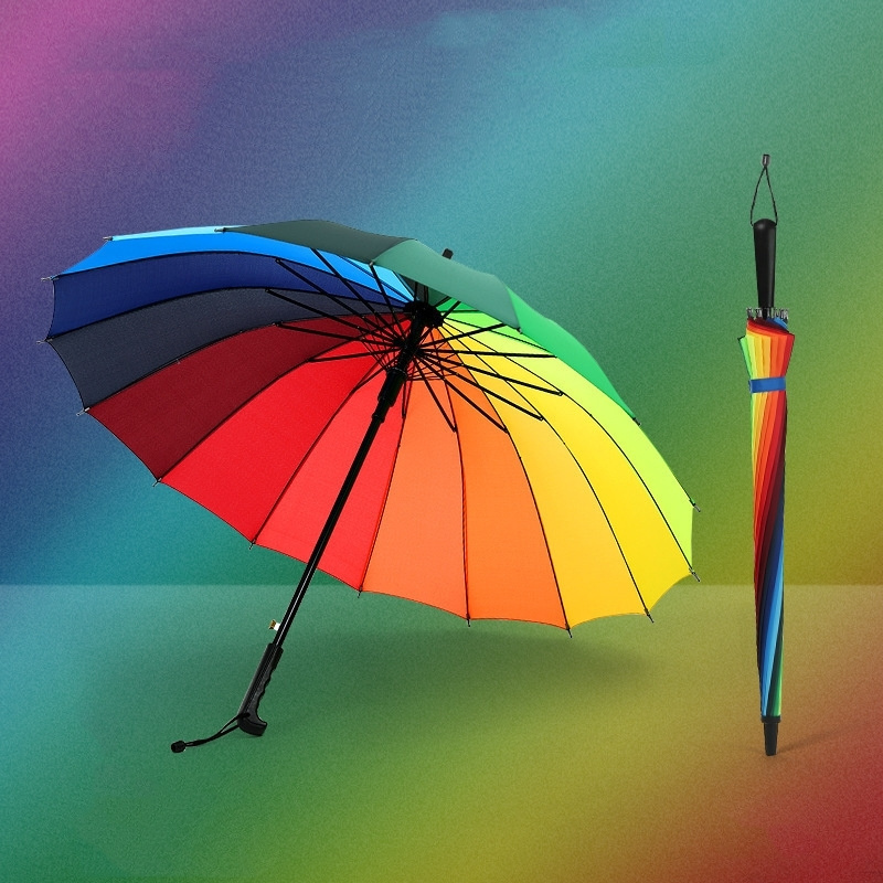 16k Rainbow Colors Black Steel Frame Long Handle Straight Anti-UV Windproof Rain Stick Auto Open Large Umbrella