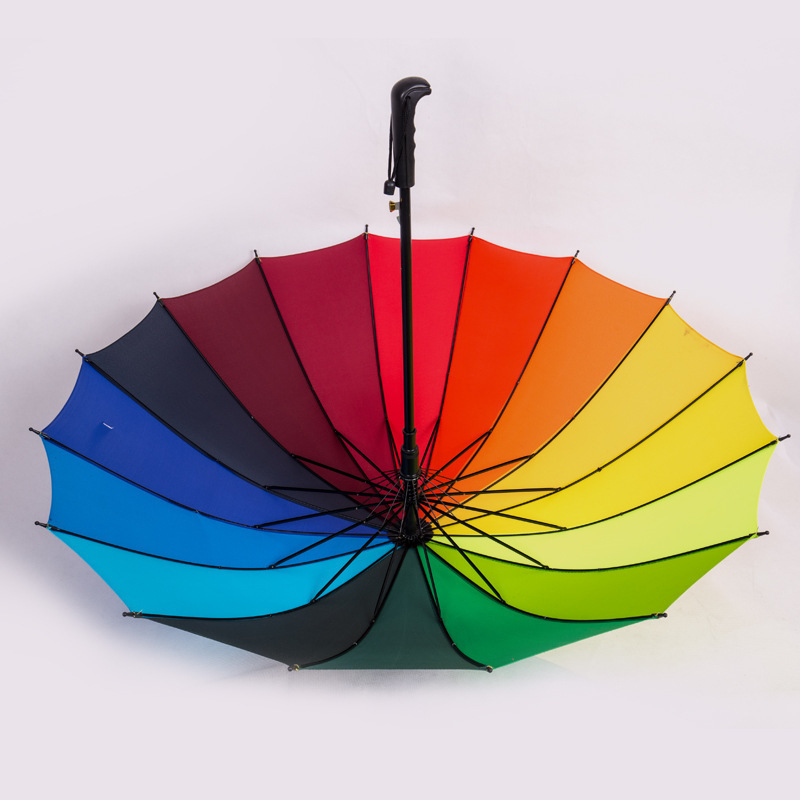 16k Rainbow Colors Black Steel Frame Long Handle Straight Anti-UV Windproof Rain Stick Auto Open Large Umbrella