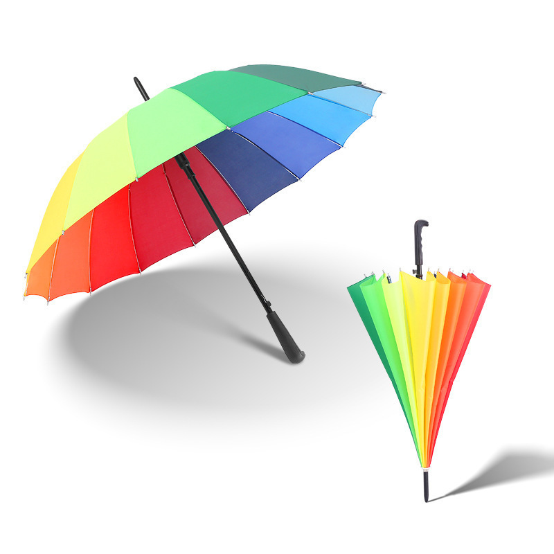 16k Rainbow Colors Black Steel Frame Long Handle Straight Anti-UV Windproof Rain Stick Auto Open Large Umbrella