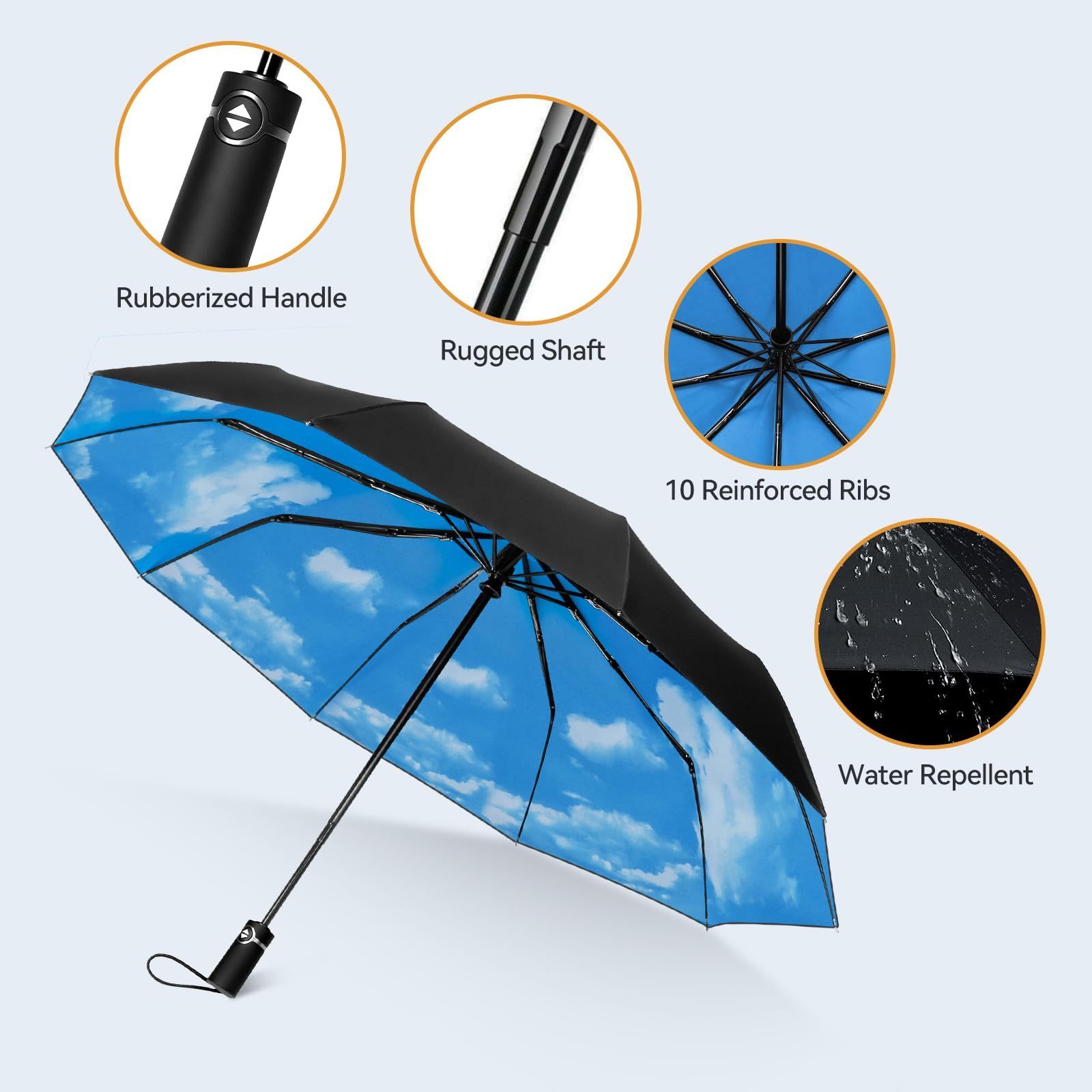 Wholesale Portable 3 Folding Blue Sky And White Clouds Uv Automatic Umbrella For Rain Windproof Sun Parasol Storm Umbrella