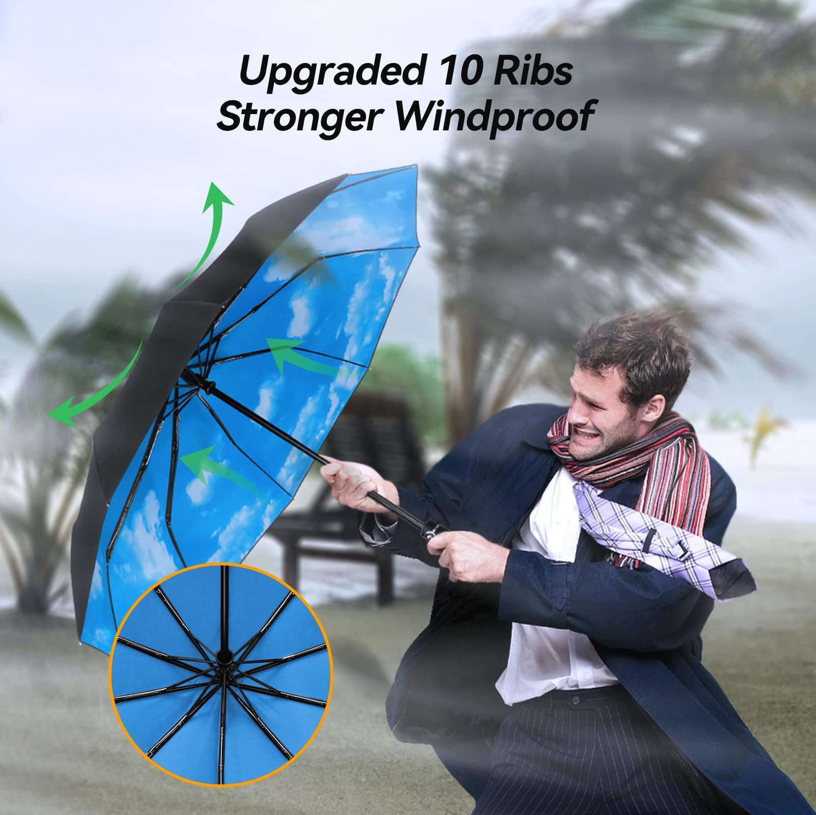 Wholesale Portable 3 Folding Blue Sky And White Clouds Uv Automatic Umbrella For Rain Windproof Sun Parasol Storm Umbrella