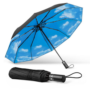 Wholesale Portable 3 Folding Blue Sky And White Clouds Uv Automatic Umbrella For Rain Windproof Sun Parasol Storm Umbrella