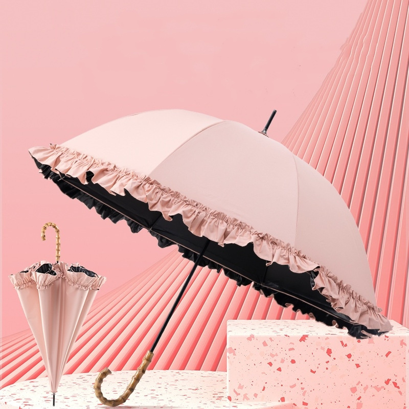 Straight Rod Bamboo Bent Handle Lace Princess Lady Umbrella Parapluie Sunshade Sun UV Protection and Rain Umbrella for Women