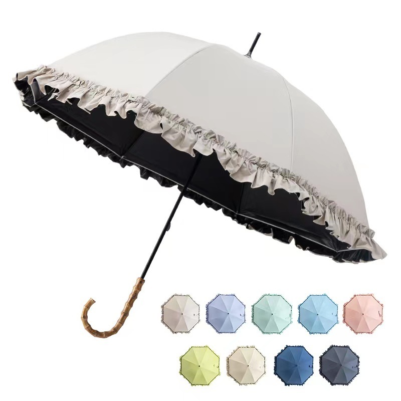 Straight Rod Bamboo Bent Handle Lace Princess Lady Umbrella Parapluie Sunshade Sun UV Protection and Rain Umbrella for Women