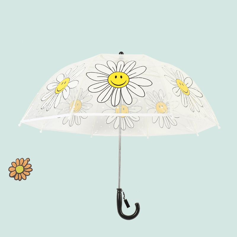 Cute Smiling Sunflower Hand Opening Arched Boys and Girls Children Long handled Transparent Rain Umbrella for Kids