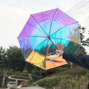 New Thickened Poe Transparent Colorful Umbrella With Long Handle Creative And Personalized Rainbow Laser Umbrella For Rain