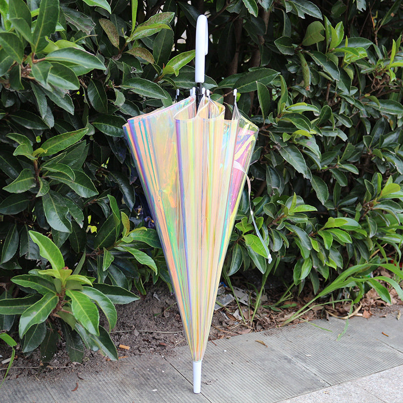 New Thickened Poe Transparent Colorful Umbrella With Long Handle Creative And Personalized Rainbow Laser Umbrella For Rain