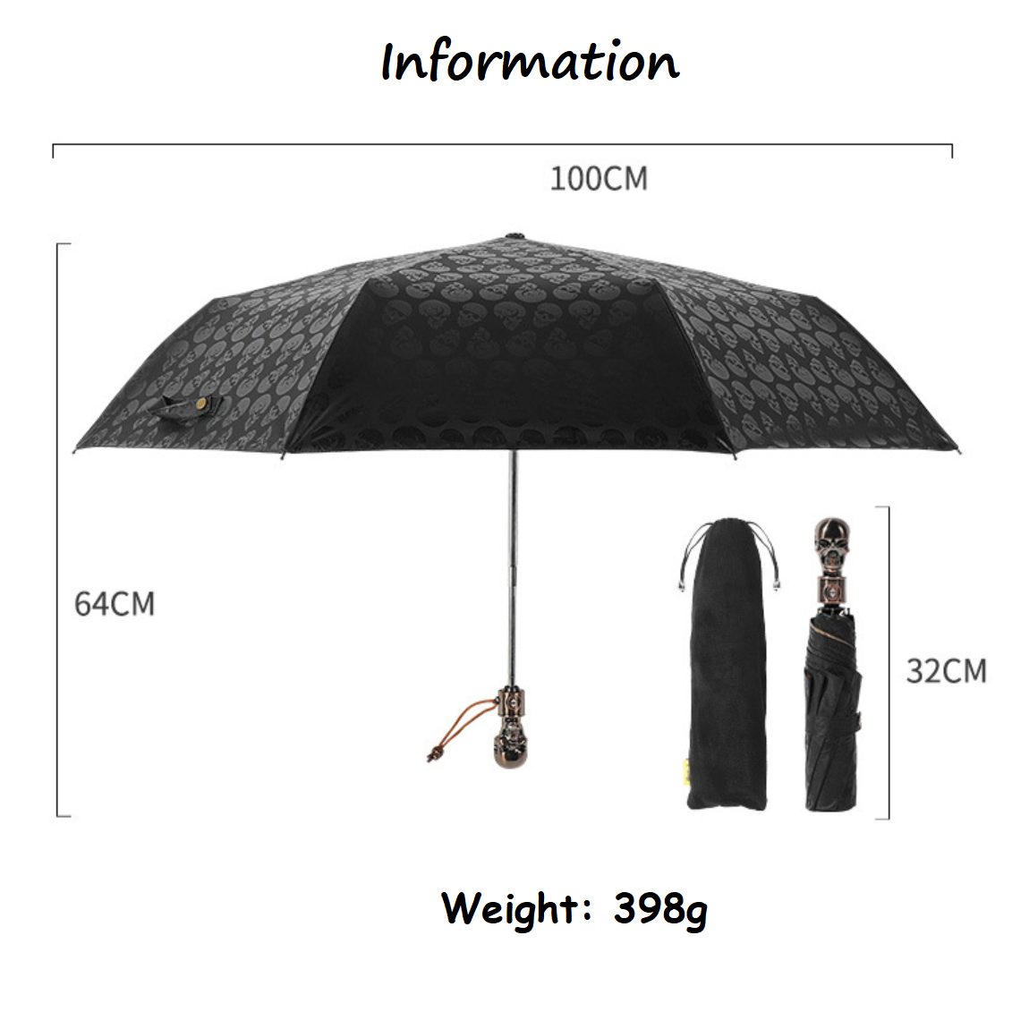 Men Gift Umbrella 8 Panels 190t Pongee Fabric Handle Citizen Fully Automatic Umbrella With Metal Skull Handle