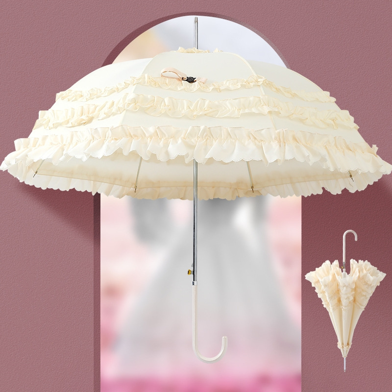 Long handled Ladies Lace Flowers Sunshade Parasol Windproof Rain Ivory Pagoda Shaped Princess Bridal Wedding Umbrellas