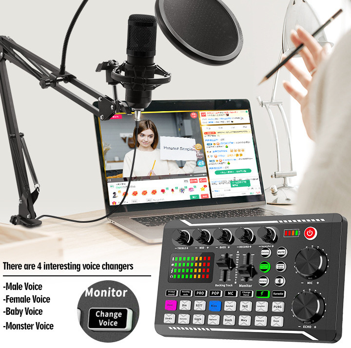 F998 BM800 Voice Changer Sound Card with Sound Effects for Live Streaming Audio Mixer for Music studio Recording Karaoke Singing