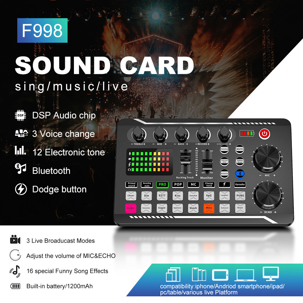 F998 BM800 Voice Changer Sound Card with Sound Effects for Live Streaming Audio Mixer for Music studio Recording Karaoke Singing