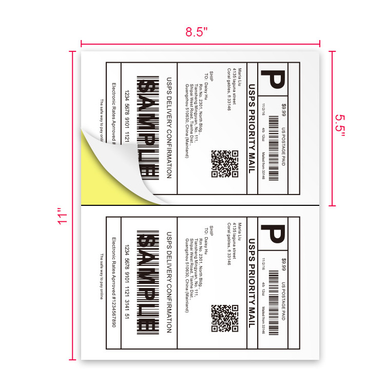 Half sheet Self Adhesive Shipping labels A4 Sticker 2 per sheet size 5-1/2