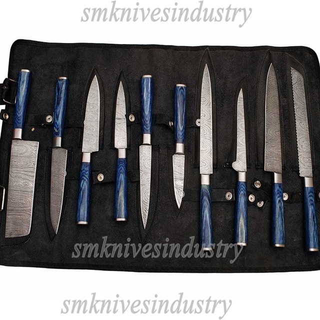 Round Handle Damascus  10  pieces Chef  knives set with leather kit (Smk1487)