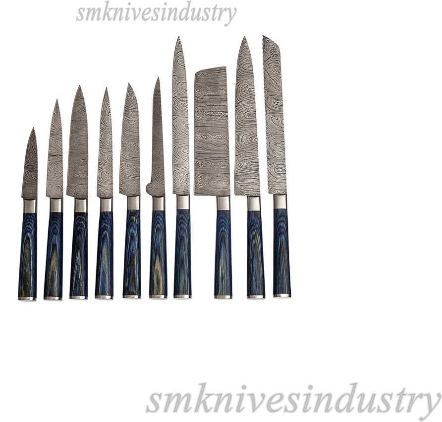 Round Handle Damascus  10  pieces Chef  knives set with leather kit (Smk1487)