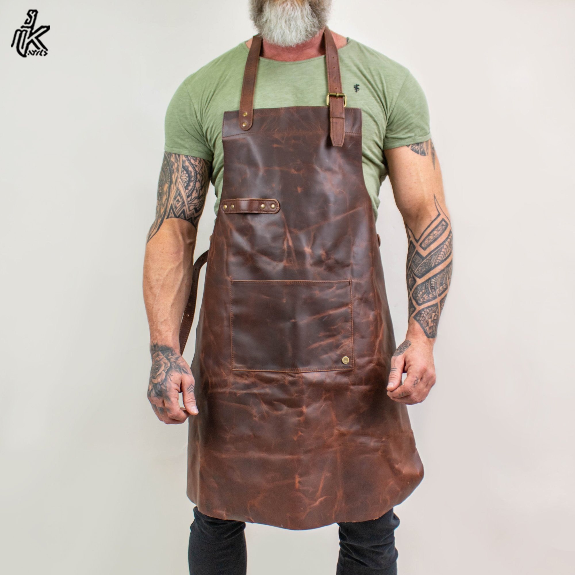 Leather Strap Bib Apron Barista Bartender BBQ Chef Cook Waiter Uniform