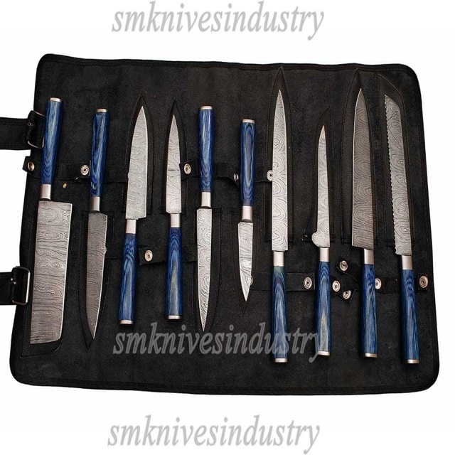 Round Handle Damascus  10  pieces Chef  knives set with leather kit (Smk1487)