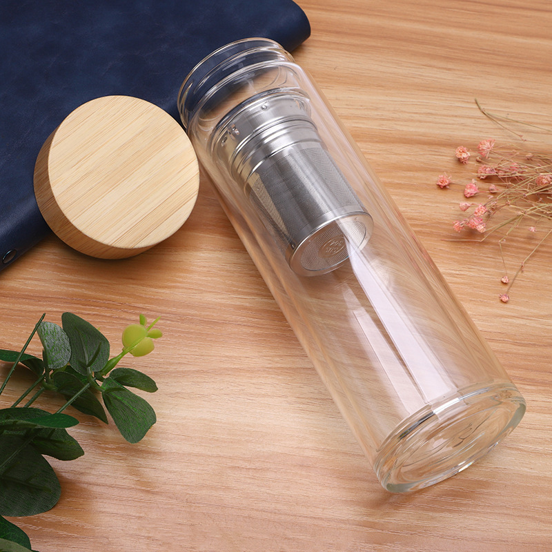 Borosilicate Glass Water Bottle Bamboo Lid Double Wall Water Bottle caps metal with Tea Infuser