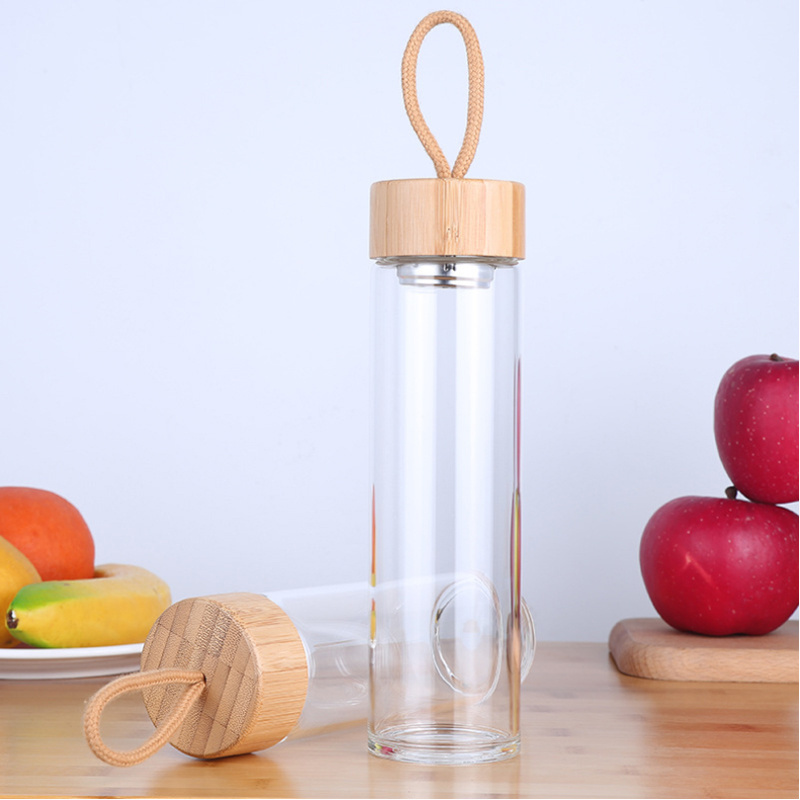 New Nature bamboo Eco-Friendly High Quality Glass Water Bottle with bamboo lid and tea infuser