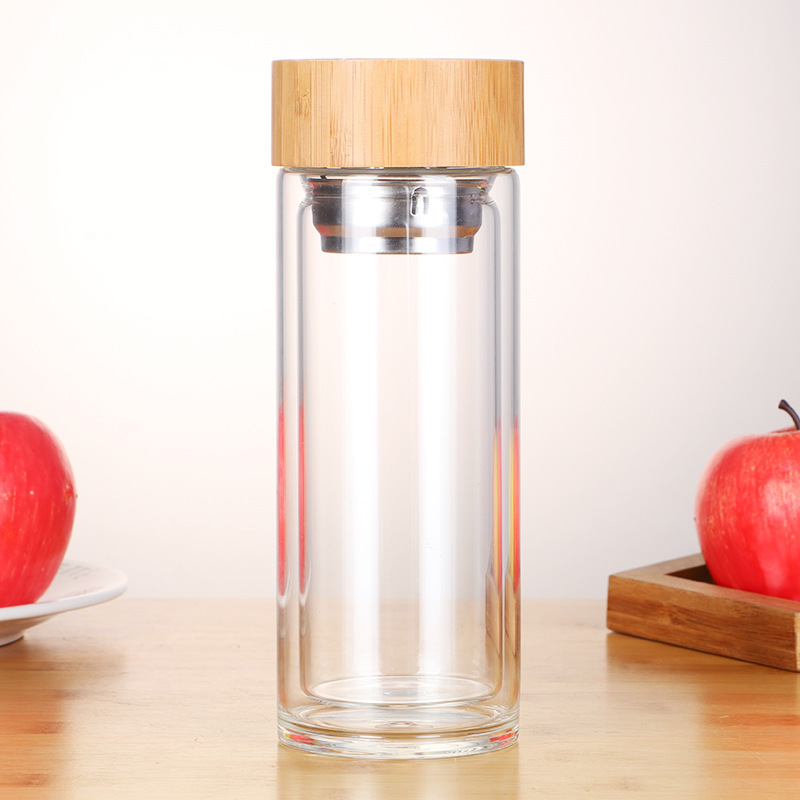 Borosilicate Glass Water Bottle Bamboo Lid Double Wall Water Bottle caps metal with Tea Infuser