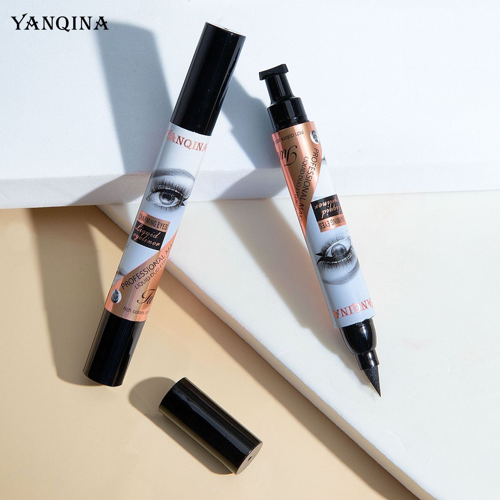 YANQINA High Quality Long Lasting Fast Dry Double Head Eyeliner 2 in1 Winged Stamp Liquid Eyeliner Pen